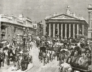Englannin keskuspankki ja kuninkaallinen pörssi 1800-luvulla, pastori Richard Lovettin teoksesta "London Pictures: Drawn with Pen and Pencil", julkaistu 1890