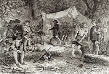 Ensimmäinen päivä Jamestownissa, 14. toukokuuta 1607, Augustus L. Masonin teoksesta The Romance and Tragedy of Pioneer Life, 1883 (kaiverrus) (bundw-kuva)