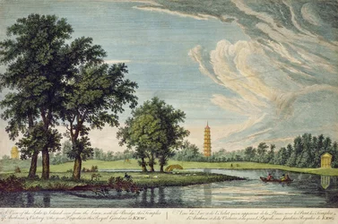 Kew, Näkymä järvelle ja saarelle nurmikolta nähtynä sillan, Arethusan ja Victoryn temppeleillä ja suurella pagodilla Kew