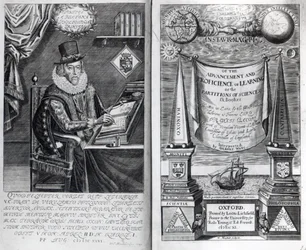 Frontispiisi ja nimiösivu Francis Baconin teoksesta ”Instauratio Magna”, 1640