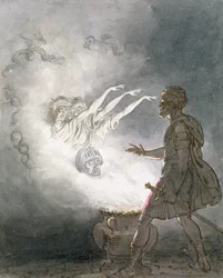 Macbeth ja aseistetun pään ilmestyminen, näytös IV, kohtaus I, elokuvasta "Macbeth", William Shakespeare (1564-1616) n. 1820 (wc, pesu, kynä ja muste paperille)