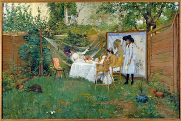 Aamiainen ulkona noin 1888 Nuoret naiset puutarhassa, yksi heistä riippumatossa. William Merritt Chasen (1849-1916) maalaus 1888 Toledo. Taidemuseo