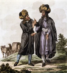 Puolan juutalaiset, kaiverrus Antoine François Bertrand de Mollevillen kirjasta "Itävallan perinnöllisten valtioiden puku" ja William Millerin (1796-1882) kuvittama vuonna 1804
