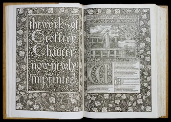 Nimilehti ja etupuoli teoksesta "The Works of Geoffrey Chaucer", julkaissut Kelmscott Press vuonna 1896 (puupiirros)