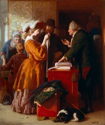 "" Hääpuvun valinta "" Yksityiskohta. William Mulreadyn (1786-1863) maalaus. 1845. Lontoo. Victoria and Albert Museum.