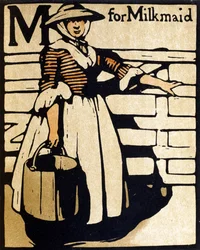 M for Milkmaid, kuvitus julkaisusta "An Alphabet", julkaisija William Heinemann