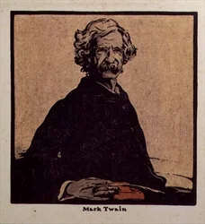 Mark Twain (1835-1910) kuvitus teoksesta "Twelve Portraits", julkaistu 1899 (käsinvärinen puupalikka)
