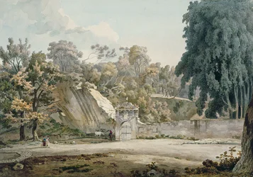 Park Gateway ja Fountain (akvarelli paperille)