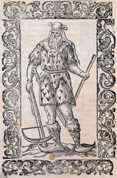 Mies, jolla on turkismekko, varsijousi ja kierrekärkiset kengät (esimerkki alkeellisista suksista), Cesare Vecelliolle (1521-1601) liittyvä kuva, julkaistu Italiassa 1500-luvulla