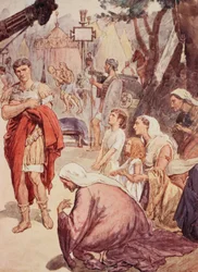 Coriolanus and the Matrons of Rome, kuvitus teoksesta "Plutarkoksen elämä pojille ja tytöille", jonka on kertonut uudelleen W.H. Weston, Lontoo n. 1910 (väri litho)