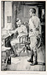 Yorke vastaanottaa lähetyksen Baden-Powellilta, piirrosten G.A.:n teoksesta "Robertsin kanssa Pretoriaan: Tarina Etelä-Afrikan sodasta". Henty, pubi. Lontoo, 1902