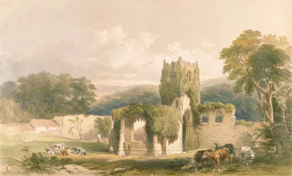 Mount Grace Priory, kirkon ulkokuva, teoksesta "Yorkshiren luostarirauniot", kaivertanut George Hawkins (1819-52), 1842