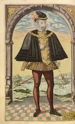 Emmanuel Philibert, Savoyn herttua, Honor Militarysta, ja Civil, William Segar, pub. Robert Barker, Lontoo, 1602 (käsinvärinen kaiverrus)