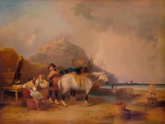 Rannikkokohtaus, hahmoja ja hevosia, c1841