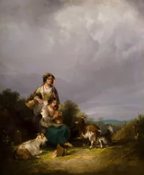 Kaksi nuorta naista ja vuohta maisemassa, 1870.