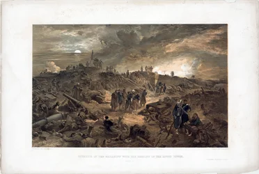 Krimin sota (1853-1856): Sebastopolin (Ukraina) piirityksen jakso, ranskalaiset joukot raunioiden joukossa Malakoffin tornin valloittamisen jälkeen, 8. syyskuuta 1855 (Malakoffin valloituksen jälkeen 8. syyskuuta 1855) - William Simpsonin litografia (18