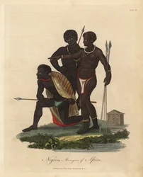 Etelä-Afrikan alkuperäisasukkaat keihäillä, eläimen nahkatakki, kaulakoru