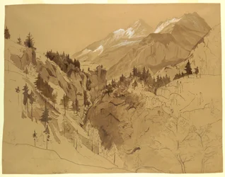 Piirros, Vuoret lähellä Meiringeniä, Sveitsi, 1856