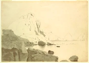Piirros, Näkymä Caprista, Italia, jossa näkyy etelärannikko ja Faraglione, n. 1865.