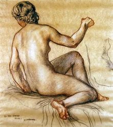 Tutkimus naisesta, joka istuu takaapäin, n. 1890 (hiili, punainen ja valkoinen liitu paperille)