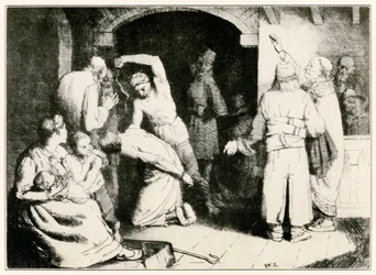The Scourging of Faithful from The Pilgrims Etenee tästä maailmasta siihen, mikä on tuleva, John Bunyan (1628-1688) kuvitus William Strang (1859-1921) Faithfulia kidutetaan oikeudenkäynnin jälkeen
