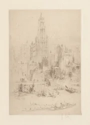 Manhattanin keskusta East Riverin varrelta ja Woolworth Building