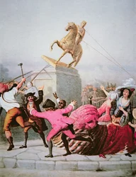 New Yorkin patriootit kaatavat George III:n patsaan Bowling Greenissä 9. heinäkuuta 1776