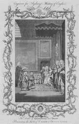 Queensberryn ja Doverin herttua esittelee liiton kuningatar Annelle, 1773.