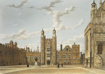 Eton College Great Court, julkaisusta "History of Eton College", osa "History of the Colleges", kaiverrettu J. Bluck (fl.1791-1831) pub. kirjoittanut R. Ackermann, 1816 (akvatinta)