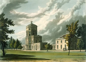 Astronomical Observatoryn ulkopuoli, kuva Oxfordin historiasta, kaiverrus Joseph Constantine Stadler (fl.1780-1813) pub. kirjoittanut R. Ackermann, 1813 (akvatinta)