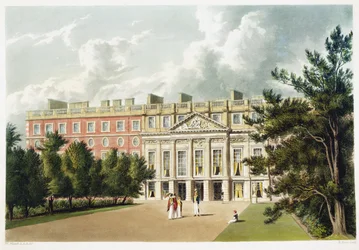 Hampton Court Palace, teoksesta "The History of the Royal Residences", kaiverrus Richard Reeve (s.1780), William Henry Pyne (1769-1843), 1819