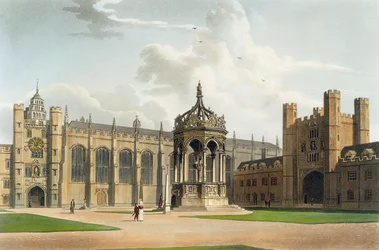 Court of Trinity College, Cambridge, teoksesta "The History of Cambridge", kaiverrettu J. Bluck (fl.1791-1831), pub. R. Ackermann, 1815 (väriakvatinta)