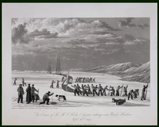 H.M.S. Hecla ja Griperin miehistöt leikkaavat Talvisatamaan 26. syyskuuta 1819, kirjasta "Journal of a Voyage for the Discovery of a North West Passage from the Atlantic to the Pacific performed in t" (päiväkirja matkasta, jonka tarkoituksena oli löytää lu