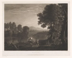 Maisema paimenten ja naisen kanssa muulilla joen rannalla Aamu (otsikko esineessä)