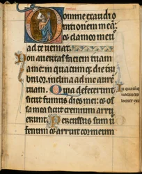Lisätä. 49999, f.75 Alkukirjain "D", joka kuvaa naista rukouksessa, kuvitus "De Brailes Hoursista", n. 1240 (vellum)