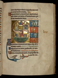 Ms 322 f.67r, psalmi 68, alkukirjain S, Joona rukoilee Kristusta valaasta ulospääsynsä yhteydessä ja Joona heitetään valaan sekaan, kuvitus De Brailen psalttarista, noin 1250.