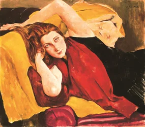 Nuoren tytön muotokuva punaisella stolilla - Muotokuva tytöstä punaisella huivilla, kirjoittanut Jaeckel, Willy (1888-1944). öljy kankaalle