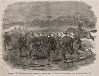 Ensimmäisen Massachusettsin rykmentin hyökkäys kapinallisten kiväärikuoppaan lähellä Yorktownia, 1862.