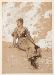 Piirros, Istuva tyttö; piirros "Puutarhamuuria" varten, 1878.