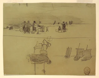 Piirros, Rantakohtaus, jossa naiset kantavat koreja, Cullercoats, Englanti, 1881-82