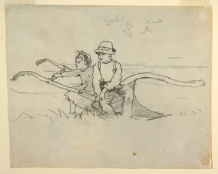 Piirros, Poika ja tyttö istuvat auran päällä, 1879
