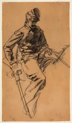 Piirros, ratsuväen sotilas hevosen selässä, 1863