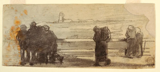 Piirros, Hahmot lahden yli ja pieni vene, Cullercoats, Englanti, 1881-82.