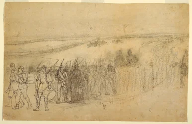 Piirros, marssiva jalkaväen kolonna, n. 1862.