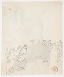 Piirros, Miehet ja naiset katsovat merelle, Cullercoats, Englanti, 1881.