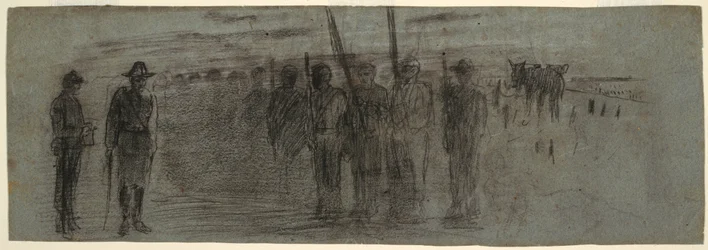 Piirros, upseeri ja adjutantti tarkastamassa laivuetta, mahdollisesti 1864.