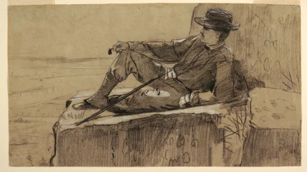 Piirustus, luonnos "Vuorikiipeilijä lepää", 1868-69.