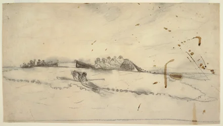 Piirros, Kolme venettä ja kalastajia asettamassa verkkoa, 1881-82