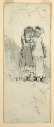 Piirros, Kaksi nuorta tyttöä pellolla, 1879