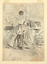 Piirros, Nainen pianon ääressä, 1862